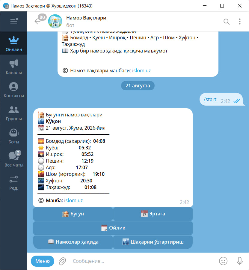 Namoz Vaqtlari (BOT)